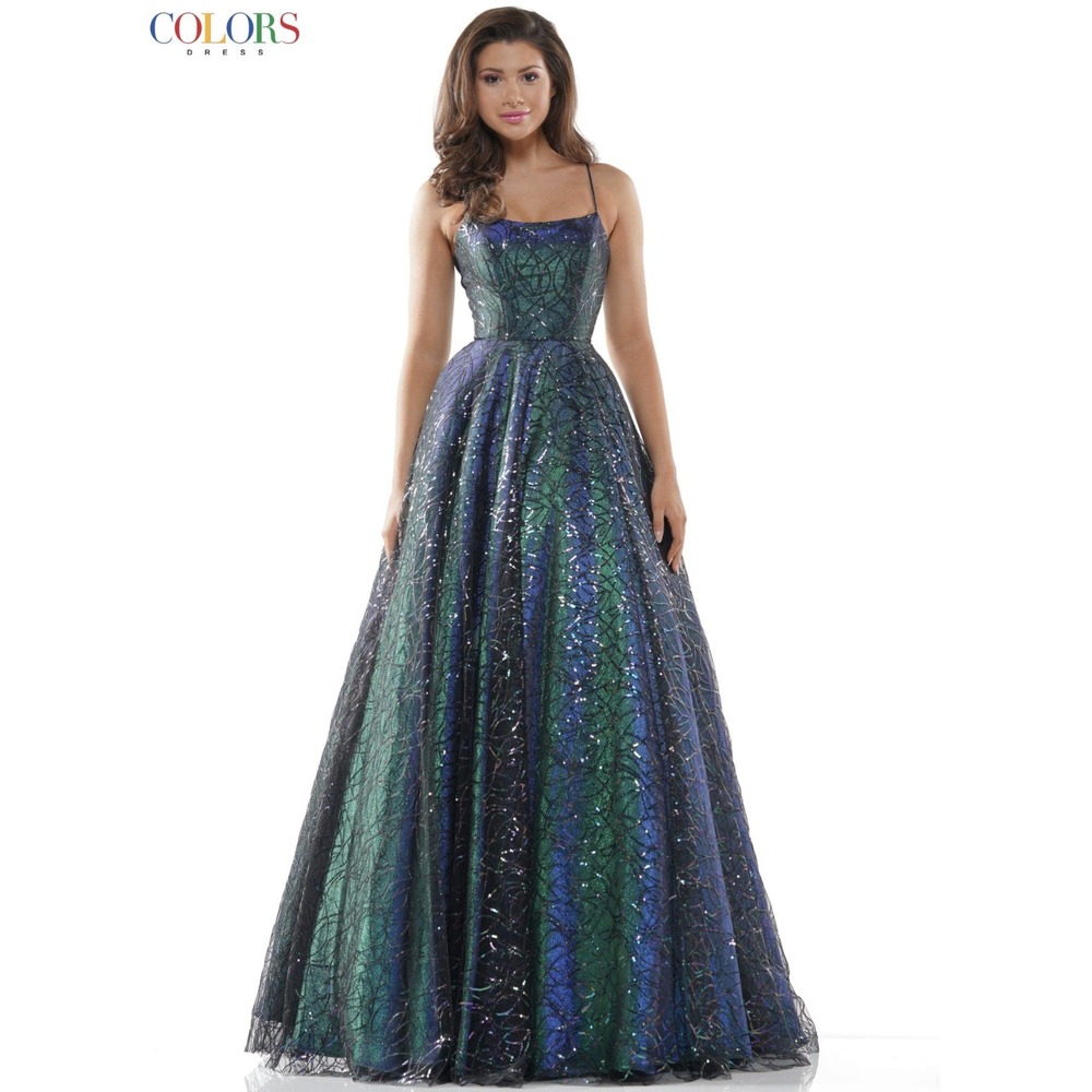 Colors Dress Iridescent Sequin Ball Gown Teal Blue Green Corset Back Prom Size 2